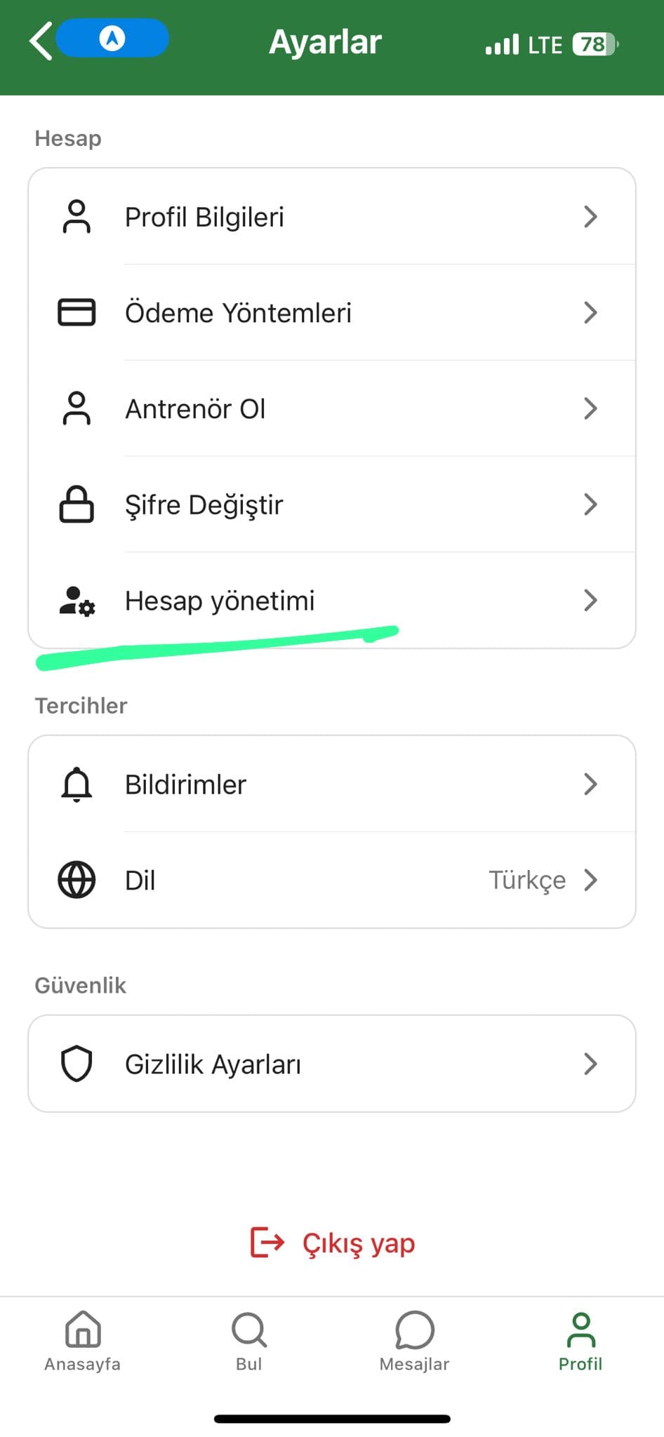Court'm Ayarlar ekranı