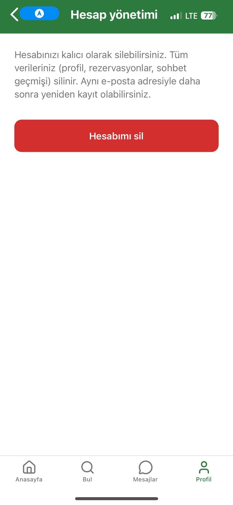 Court'm Hesap yönetimi ekranı