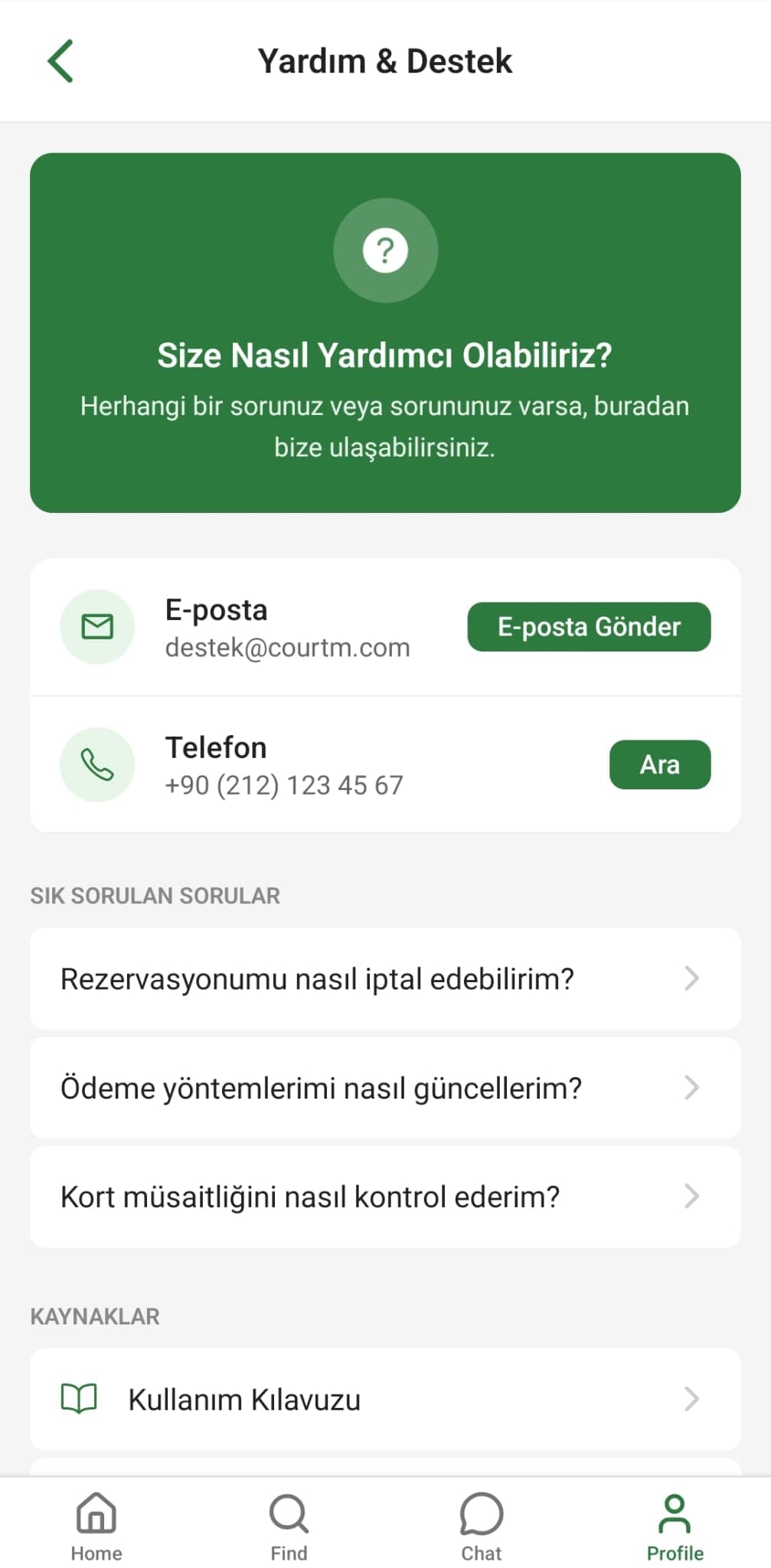 Court'm Yardım ve Destek ekranı