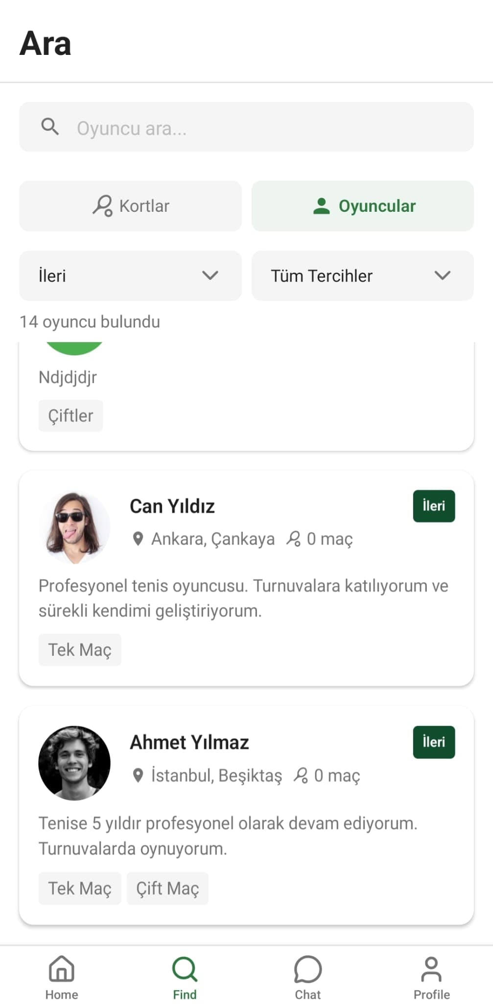 Court'm Tennis Buddy partner bul ekranı