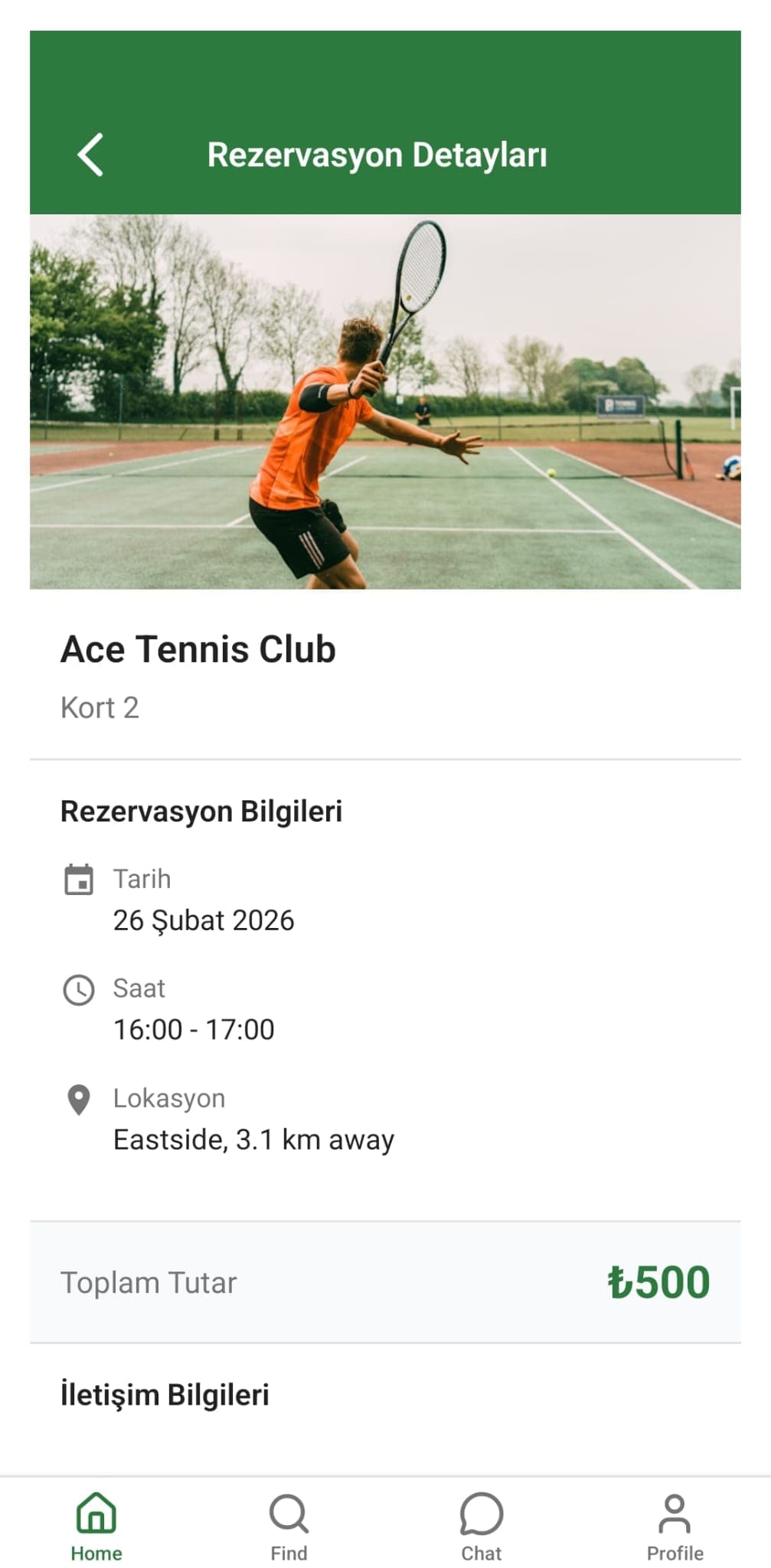 Court'm rezervasyon detay ekranı